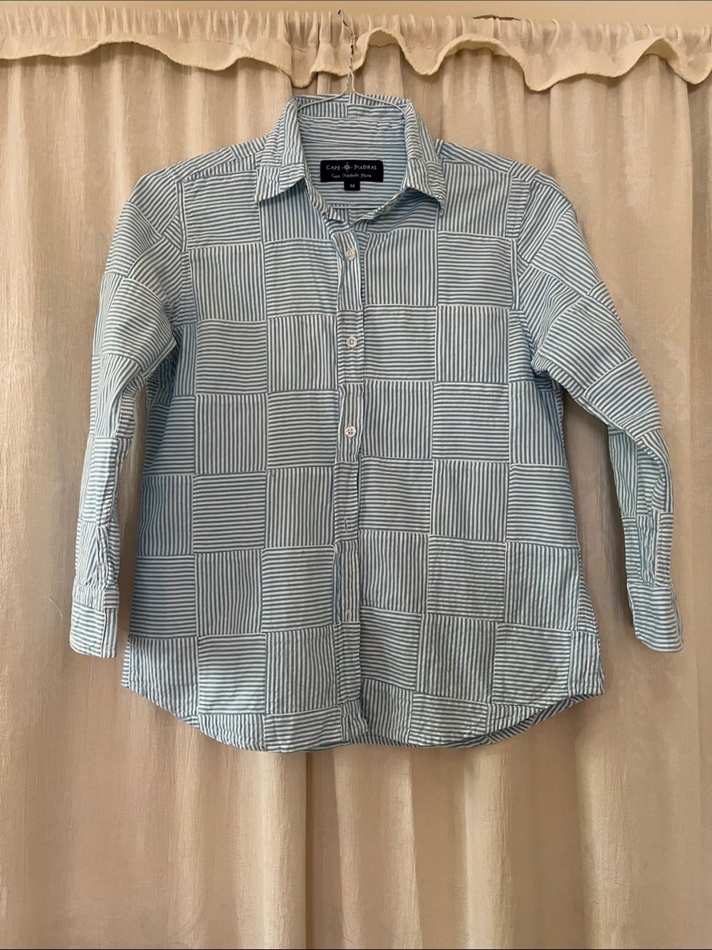 Cape  Madras, Cape Elizabeth, Maine Patchwork Blue/White  Striped Blouse, Medium